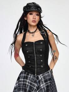 ROMWE Grunge Punk Áo tank top không dây vai bất đối xứng bằng da lộn màu xanh hải quân dành cho nữ, thích hợp cho mùa xuân/hè. - màu đen - Xem 5