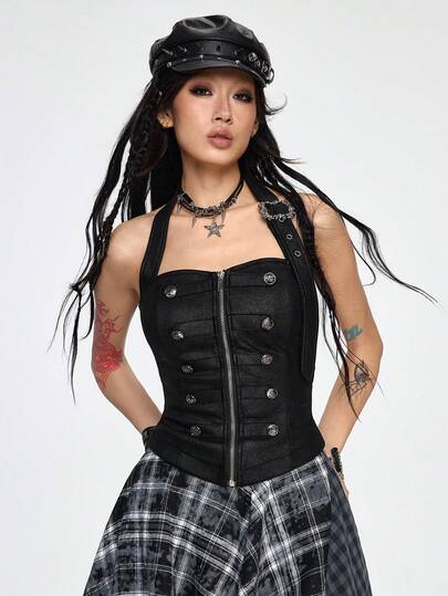 Grunge Punk Chaleco asimétrico sin tirantes de ante estilo marinero para mujer