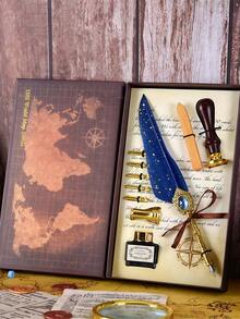 Gift Set With Dip Pen, Wax Seal Stamp & Ink | Feather & Mechanical Gear Calligraphy Pen Set For Journaling, Wedding, Christmas, Letter Writing & Beginner Calligraphy Supplies - Multicolor - View 1