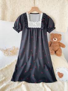 Girls' Loose Fit Short Sleeve Nightgown,Ruffle Collar Cute Summer Black Birthday Sleep Dress,Comfortable Little Girl Cherry Strawberry Pajama Dress - Black - View 4