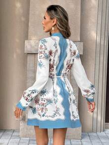Chiquease Women White Floral Boho A Line Mini Dress,Autumn Long Sleeve Stand Collar Flared Hem Knot Detail Woven Short Dress,Tea Party Holiday Resort Wear - Multicolor - View 3