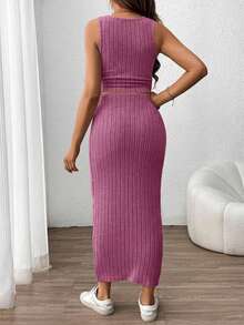 SHEIN 2pcs Maternity Solid Ribbed Tank Top And Adjustable Waist Pencil Skirt Casual Set - Pink - View 2