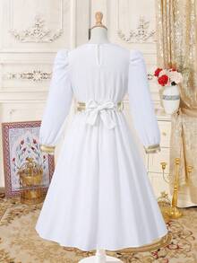 SHEIN Tween Girl Floral Print Ribbon Trim V-Neck Long Sleeve Elegant Dress - White - View 2