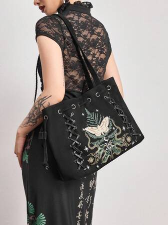 Fairycore Bolso de tote de un solo hombro con cordones, con elementos bordados de polilla, serpiente, estrella y luna en estilo oscuro, bolso casual para ir y venir y de compras