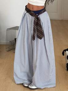 Coolane 夏季音乐会音乐节外出街头风 Y2K 休闲返校条纹舒适撞色弧形裤脚裤，春季女装 - 藍白色 - 查看 4