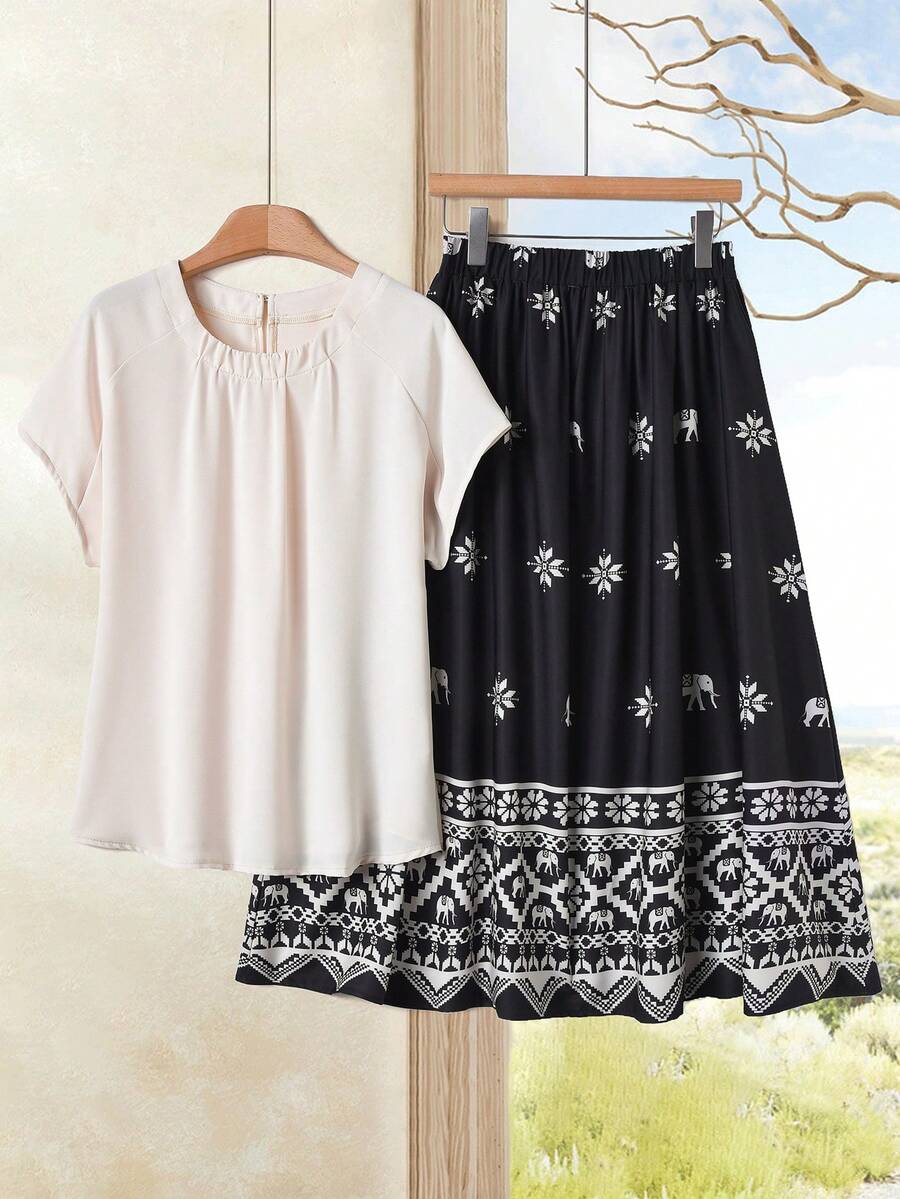 Rusticease 女士纯色圆领插肩袖衬衫和印花A字裙休闲两件套 - 彩色 - 查看 1