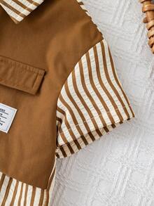 SHEIN Newborn Baby Boy Brown And White Polka Dot,Summer,Casual,Cute,Family Matching Color Block Lapel Romper,Collegiate Style Birthday Party Wedding Outfit - Multicolor - View 10