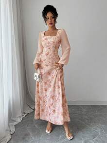 Modelyn 女士印花方领长袖优雅夏季连衣裙 - 粉色 - 查看 3