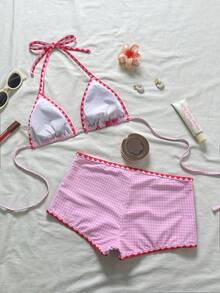 Bonvoyette Completo da spiaggia da donna, con motivo floreale, bordi a contrasto di colore, bikini casual alla moda, sexy e dolce con top a canotta - Rosa - Visualizzare 3