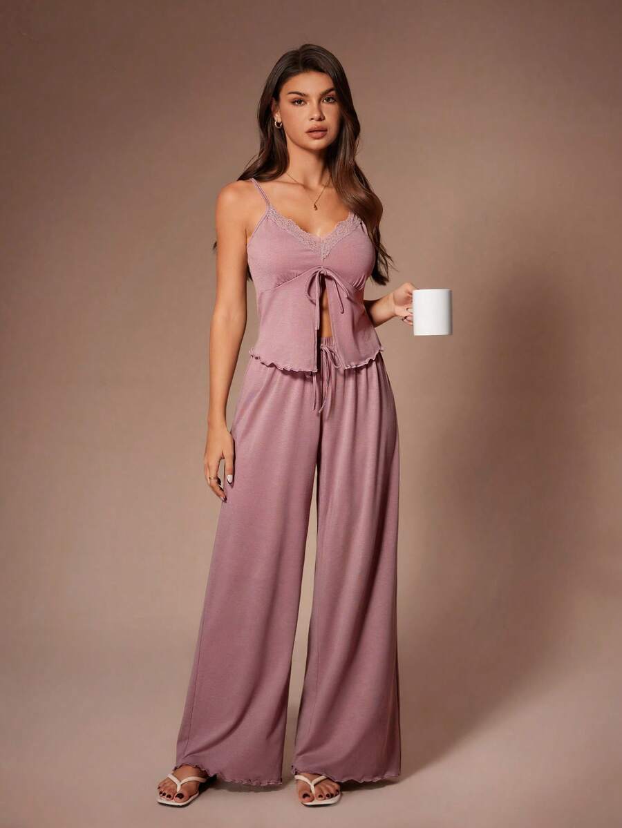 SHEIN Sexy Lace Patchwork V-Neck Cinching Waist Backless Tie Camisole And Pants Pajama Set - Dusty Pink - View 1