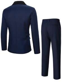 Manfinity Mode 男士撞色长袖西装外套和裤子套装，时尚英伦风商务休闲西装 - 藏蓝色 - 查看 2