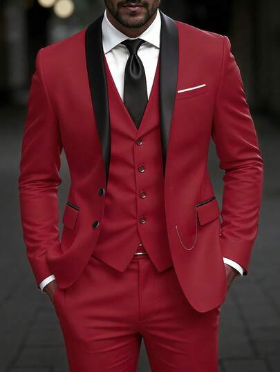 Manfinity Mode 男士休闲绅士英伦商务撞色披肩领西装外套和裤子套装