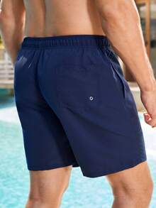 Manfinity Swimmode 男士夏季度假风抽绳腰斜口袋沙滩短裤宝蓝色泳裤男士蓝色泳裤男士沙滩装纯色泳裤 - 藏蓝色 - 查看 2