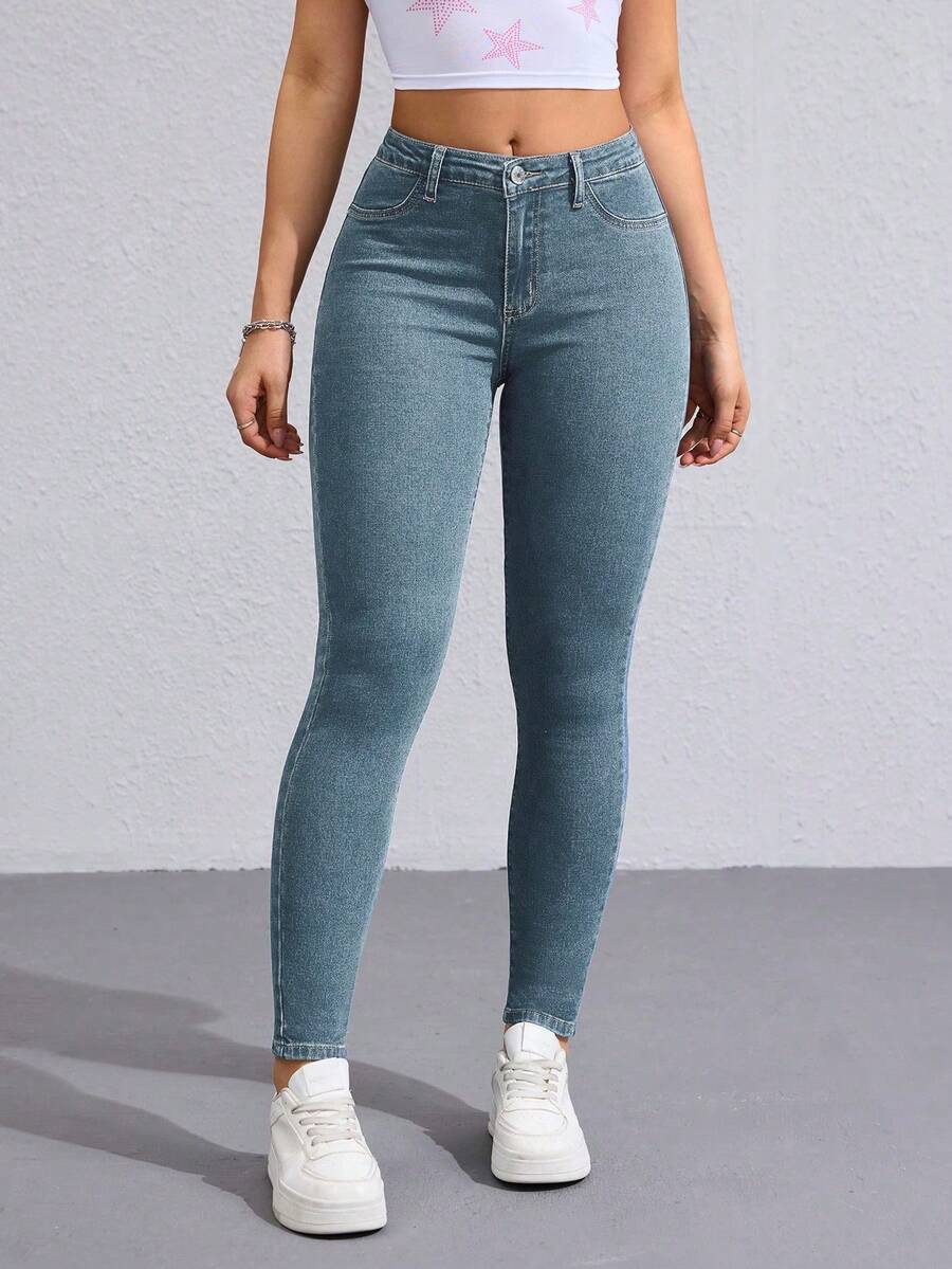 Flexra Solid Color Slant Pocket Skinny Casual Jeans - Dusty Blue - View 1