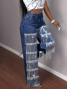 Slaydiva Jeans di moda decorati con paillettes multicolore e nappe - Blu lavato scuro - Visualizzare 4