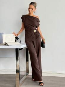 Siren Gaze 新款棕色肩部金属装饰衬衫和裤子时尚套装，女士款 - 棕色 - 查看 3