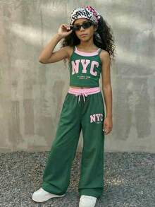 Tween Girls Casual All-Match Sports Streetwear Everyday Sleeveless Cropped Tank Top + Contrast Splice Loose Pants Set - Green - View 2