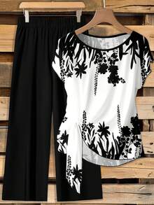 SHEIN Clasi 2pcs Women's Casual Elegant Minimalist Beige Shirt With Black-And-White Botanical Silhouette Print & Loose Black Pants Set. Perfect For Spring And Summer, Vacation, Country Style, Daytime, Garden, And Walking.