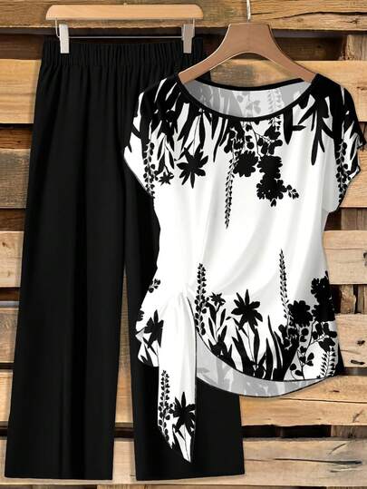 SHEIN Clasi 两件套女士休闲优雅简约米色衬衫，饰以黑白植物图案，搭配宽松黑色长裤。完美适用于春夏、度假、乡村风、日常穿着、花园等场合。