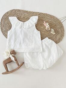 SHEIN Baby Girls Collared Shirt With Strawberry All-Over Print, Elastic Cuff, Ruffle Waist Skirt Set