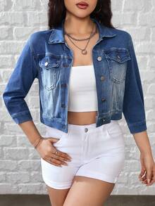 Flexra 女士休闲水洗短款牛仔外套 - 藍色 - 查看 4