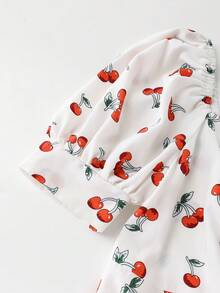 Olithes 女士樱桃印花甜心领短泡泡袖时尚连衣裙 - 杏色 - 查看 4