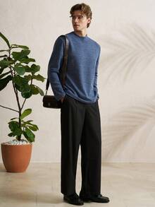 Manfinity Dauomo Áo thun dài tay nam màu trơn, chất liệu dệt kim gân, kiểu dáng thường ngày, đa năng cho việc đi làm, mùa xuân/thu. - Màu xanh lam - Xem 3