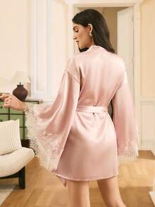 Elegant French Lace Satin Women's Robe - Pink - View 2