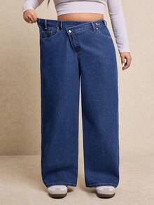 Elaquor Plus-Size Blue Women's High-Waisted Straight-Leg Jeans, Slimming And Comfortable With Elastic Waistband, Perfect For Spring Casual Wear,Going Out Pants - Dark Wash - View 6