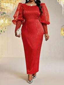 Fleurora 大码女式花卉提花网纱拼接羊腿袖优雅修身连衣裙 - 紅色 - 查看 6