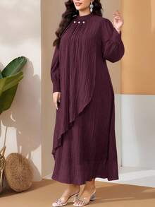 SHEIN CURVE+ 大码优雅纯色灯笼袖连衣裙，适合通勤。 - 酒紅色 - 查看 6