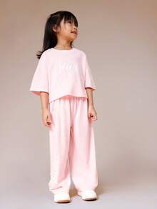 SUMWON Girls Oversized Scripted Graphic T-Shirt And Wide Leg Trouser Casual Co-Ord Set With Short Sleeves Vacation - Pink - View 5