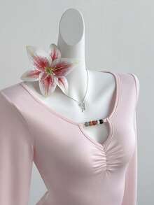 SHEIN Unity Women's Casual V-Neck Beaded Long Sleeve Versatile Top - Pink - View 1