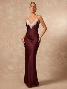 Lumalex 女士优雅性感酒红色无袖蕾丝边修身喇叭连衣裙，春夏款 - 酒紅色 - 查看 4