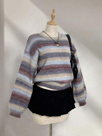 Elamini 女士秋冬渐变色落肩长袖宽松休闲时尚毛衣