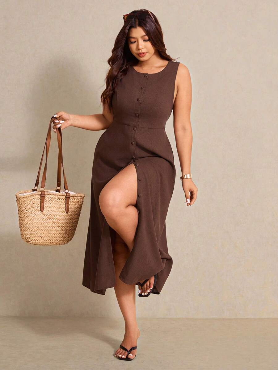 Elaquor 大码夏季休闲纯色纽扣无袖连衣裙 - 咖啡棕 - 查看 1