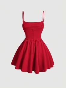 SHEIN Girlism Teen Girl Solid Color Ruched Front Waist Cinched Camisole Dress - Red - View 2