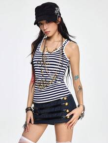 ROMWE Grunge Punk SummerY2K Vintage Navy Striped Anchor Rhinestone Decor Bodycon Tank Top - Blue and White - View 2