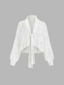 SHEIN Glamour 薄纱蕾丝衬衫，棕色蕾丝女式衬衫 - 白色 - 查看 8