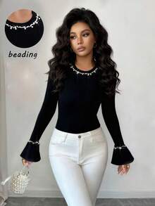 Elenzga Áo thun nữ cổ tròn tay loe đính hạt, eo, mặc thường ngày khi đi làm vào mùa thu đông - màu đen - Xem 3