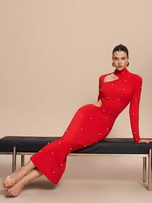 Leighera Đầm dài dệt kim khoét lỗ đính ngọc trai thiết kế mới cho mùa năm mới - Trang phục maxi cho nữ. - Đỏ - Xem 2