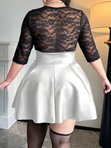 Flirla Plus Size Sexy PU Leather A-Line Lace Patchwork Dress - Silver - View 2