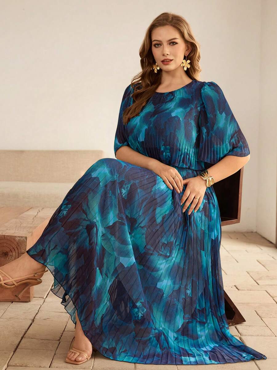 Roveilla 加大码蓝色连衣裙，褶皱梭织面料，长款多色随机印花，圆领七分袖泡泡袖，加大码连衣裙，女士加大码连衣裙，蓝色加大码连衣裙，褶皱连衣裙，加大码波西米亚风连衣裙 - 彩色 - 查看 1