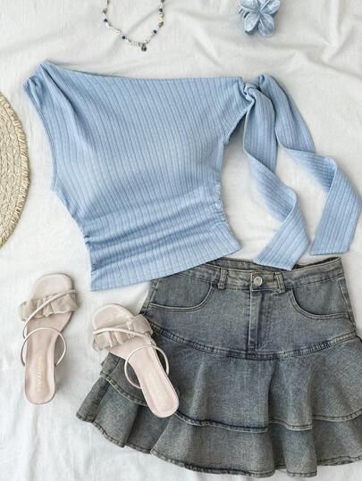 SHEIN Kids Asymmetrical Shoulder Tie Strap Fitted Crop Top, Suitable For Party, Vacation, Music Festival, Boho, Holiday, Afternoon Tea Light Blue Top Teen Tops Cute Summer Tops For Teen Girls Aesthetic Cute Tops Summer Outfits Pastel Blue Summer Top Summer Outfits For Women