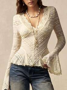 Bohemela 女士撞色蕾丝V领长袖修身时尚T恤 - 杏色 - 查看 6