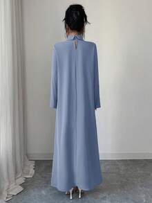 Yasmyna Women's High Neck Long Sleeve Pleated Elegant Arabic Dress - Blue - View 2