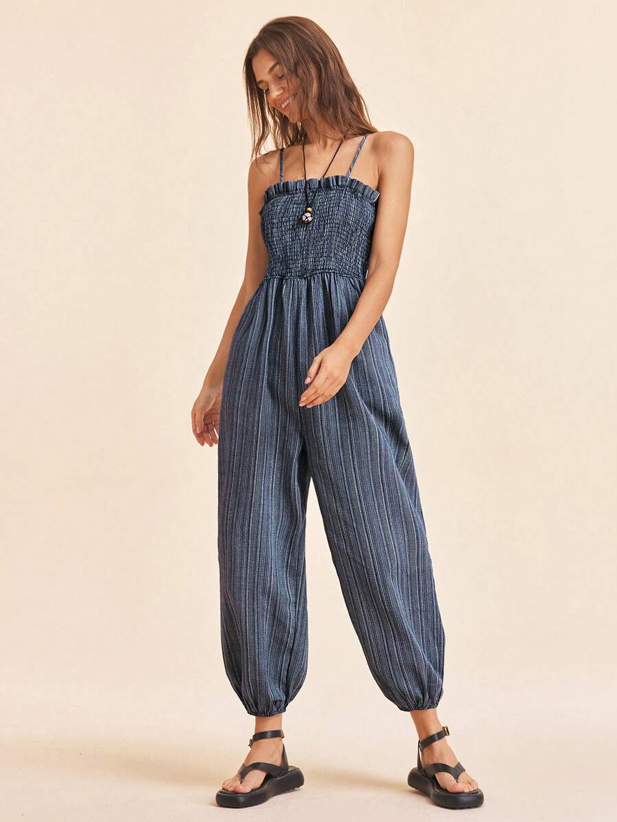 Coeurva Women's Vacation Striped Spaghetti Strap Ruffled Jumpsuit - Grey - View 1