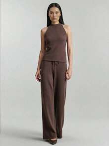 Ontre 2026春夏新品，四季皆宜，复古优雅商务休闲套装，百搭服饰，纳什维尔风格，复活节和圣诞节服装，女士休闲纯色系带吊带背心，适合都市通勤，商务休闲针织两件套，女士婚礼服 - 咖啡棕 - 查看 6