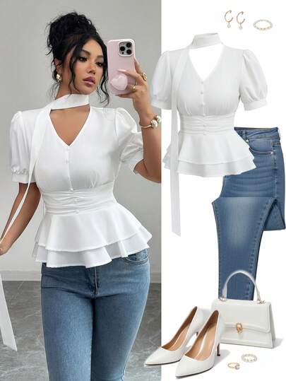 Rafferiza 女士优雅系带领荷叶边下摆泡泡袖衬衫，修身V领，夏季