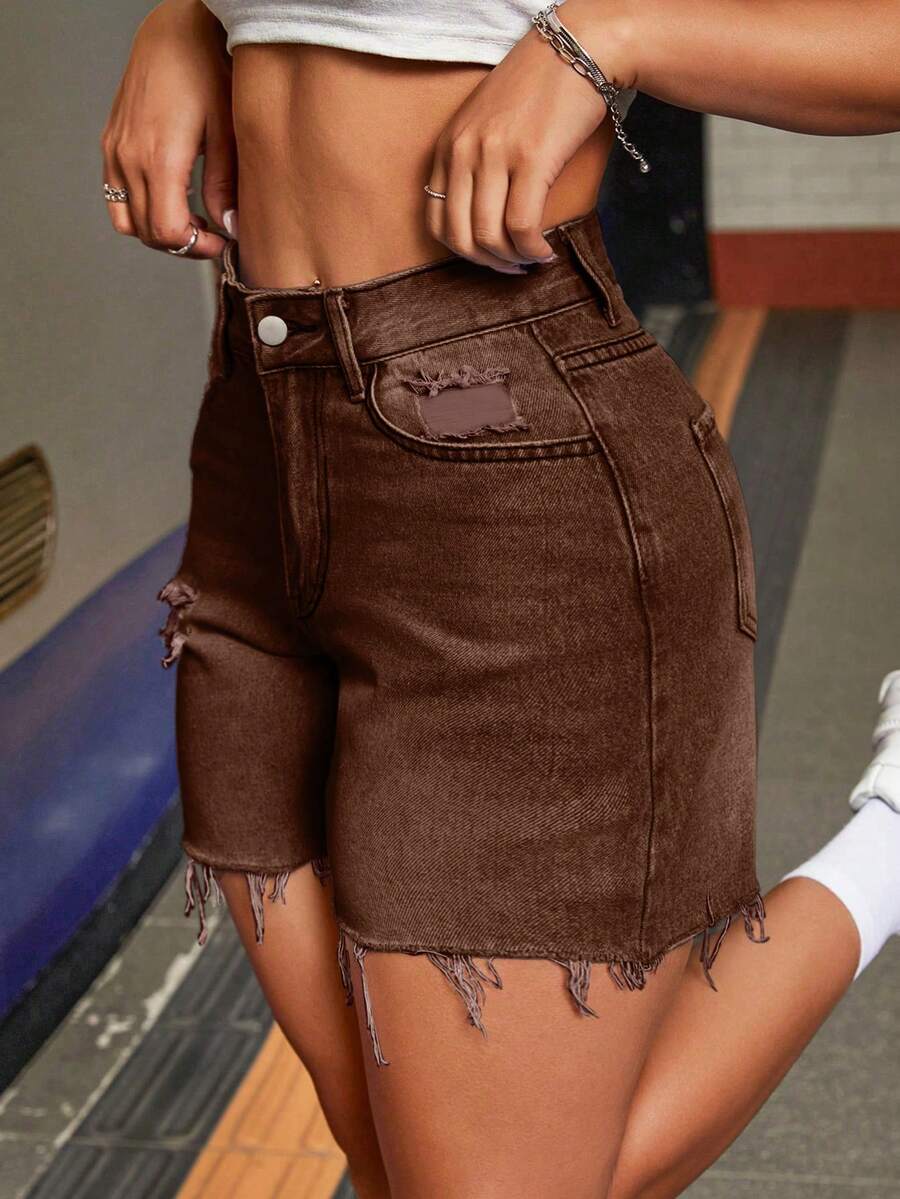 SHEIN PETITE 女士高腰带口袋破洞毛边休闲牛仔短裤 - 棕色 - 查看 1